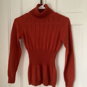Mango Women’s Burnt Orange Wool Blend Turtleneck Cinched Waist Sweater Size S